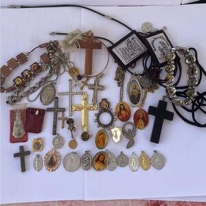 Vintage to Modern 40 Pc Lot Of Religious Jewelry Saint Medals Medallions Crosses